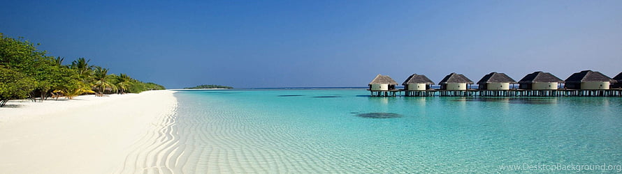 Tropical Overwater Bungalows on a Pristine White Sand Beach with Turquoise Lagoon HD wallpaper