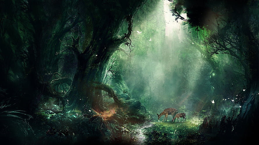 Mystical Forest Clearing With Deer And Sunbeams In Fantasy Digital Art HD wallpaper