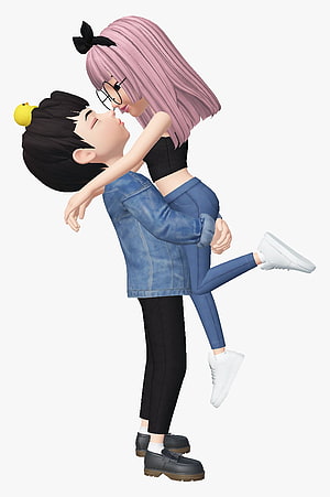 3D Rendered Anime Couple in Romantic Embrace with Pink Hair and Denim Jacket HD phone wallpaper