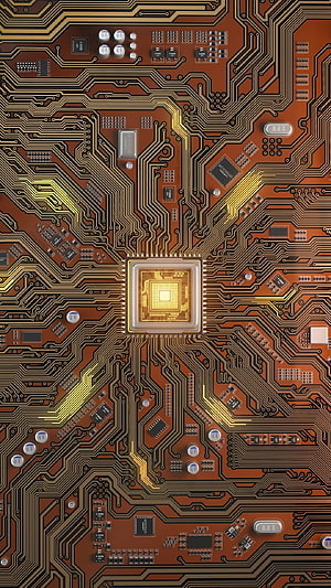 Gold Circuit Board with Central Processor and Intricate Traces on Copper Substrate HD phone wallpaper