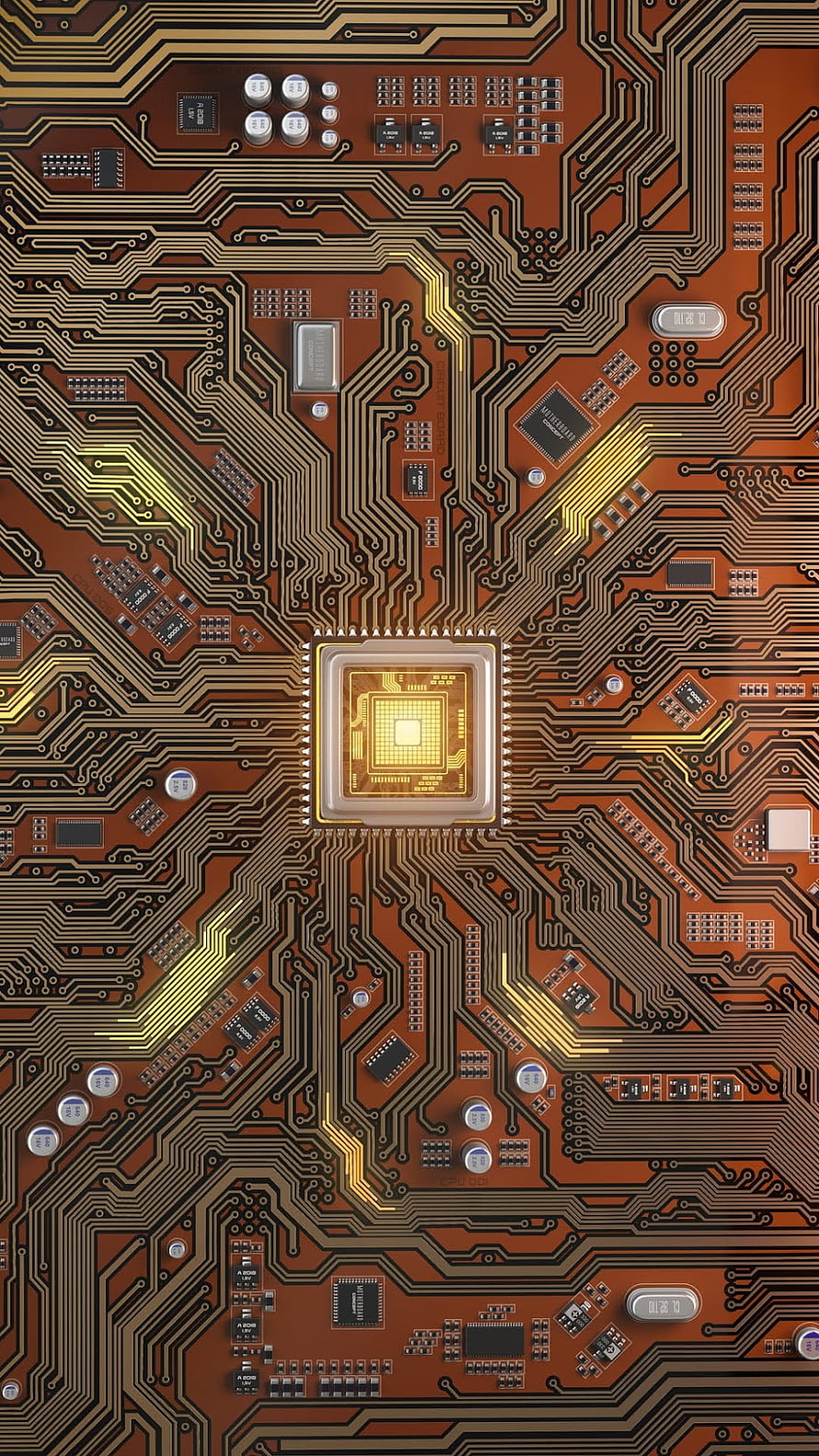 Gold Circuit Board with Central Processor and Intricate Traces on Copper Substrate HD phone wallpaper