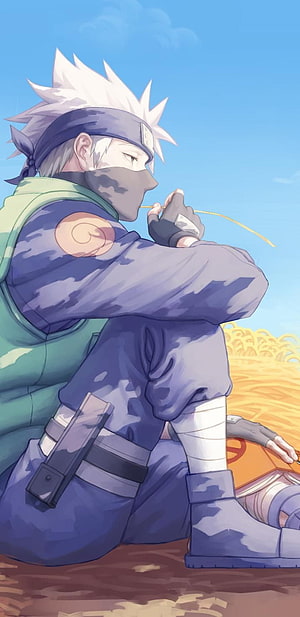 Kakashi Hatake Sitting in a Field with a Straw in His Mouth HD phone wallpaper