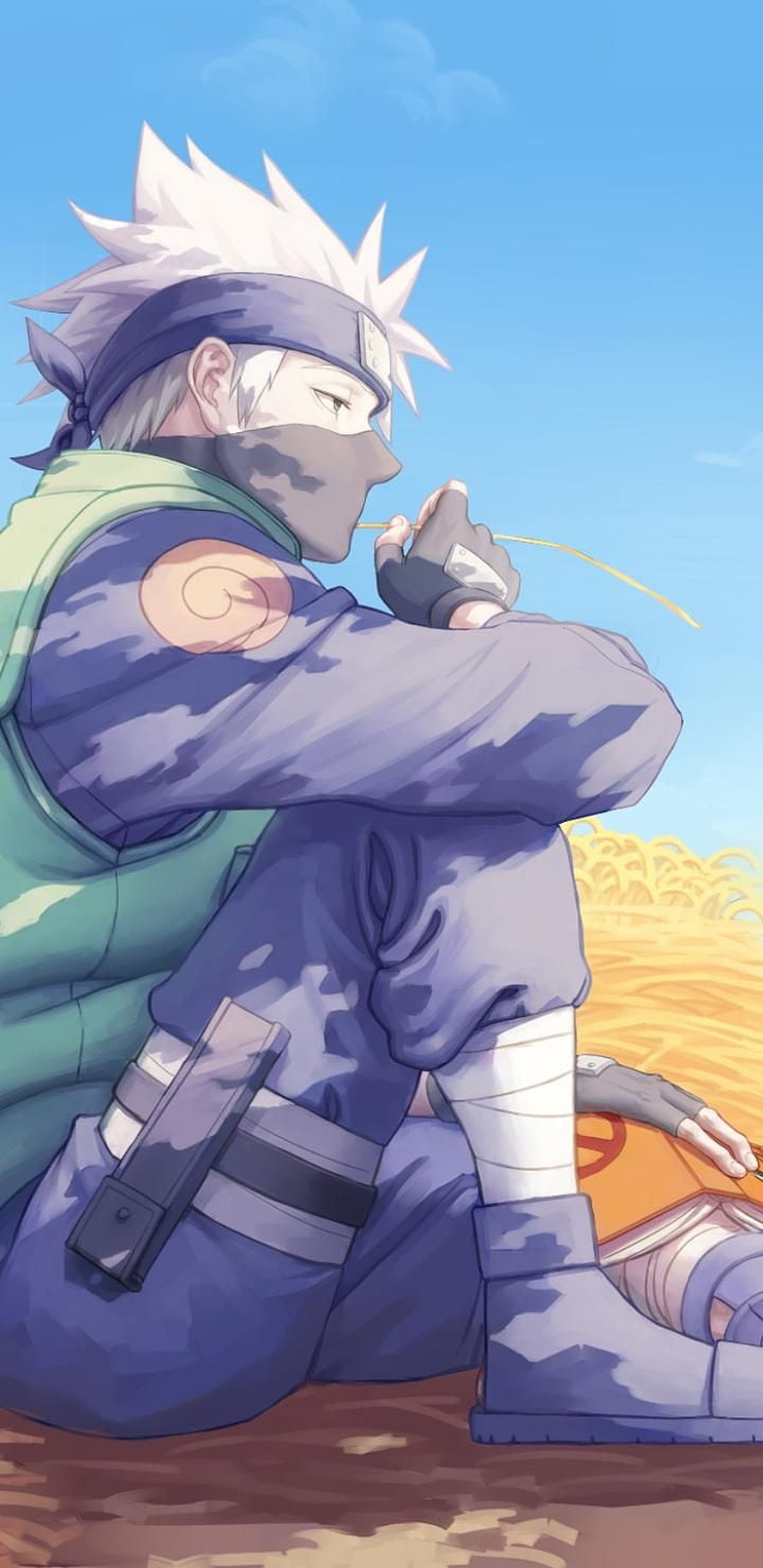 Kakashi Hatake Sitting in a Field with a Straw in His Mouth HD phone wallpaper