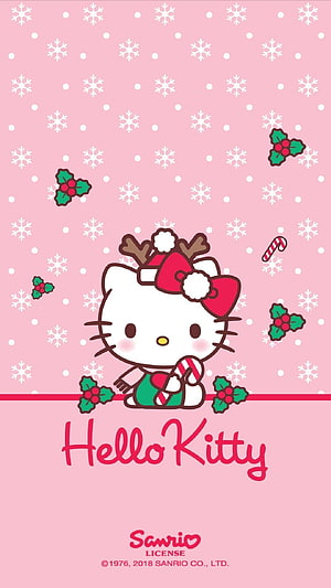 Hello Kitty Christmas Wallpaper with Candy Cane and Holly on Pink Snowflake Background HD phone wallpaper
