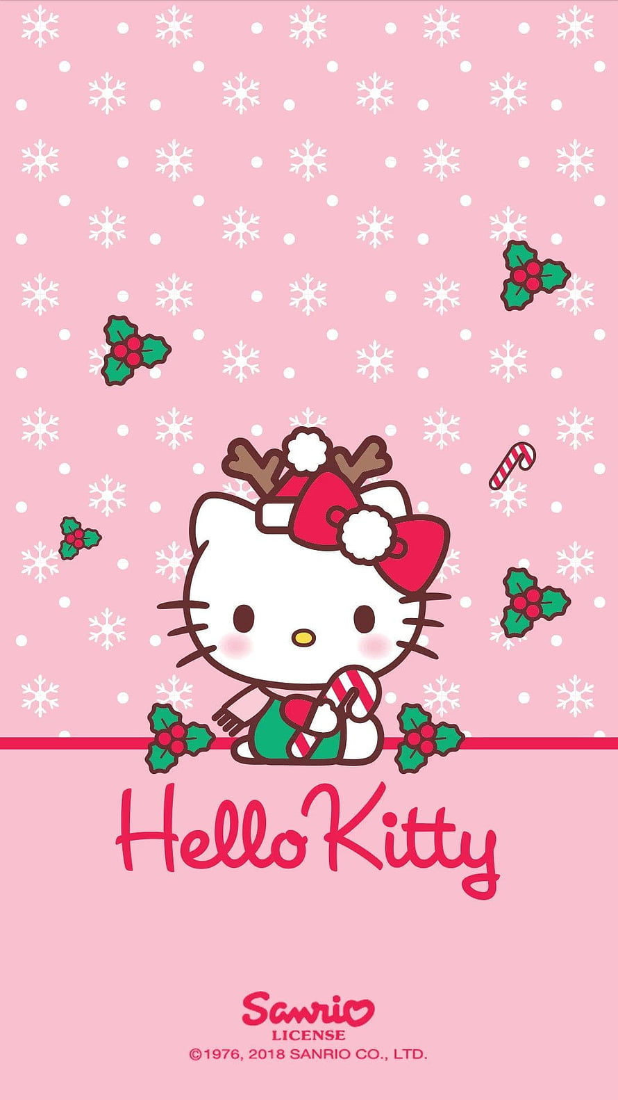 Hello Kitty Christmas Wallpaper with Candy Cane and Holly on Pink Snowflake Background HD phone wallpaper