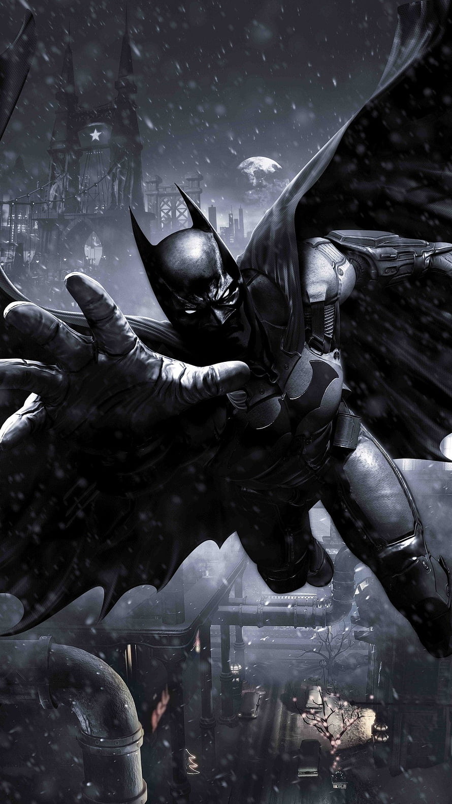 Batman Arkham Knight Crouching on Rooftop in Snowy Gotham City Night HD phone wallpaper