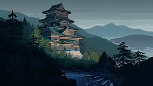 Japanese Castle Pixel Art Landscape with Pine Forest and Mountain Range HD wallpaper