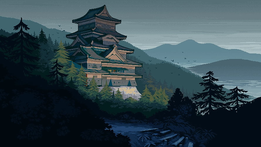 Japanese Castle Pixel Art Landscape with Pine Forest and Mountain Range HD wallpaper