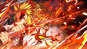 Kyojuro Rengoku Wielding Flame Katana in Intense Demon Slayer Anime Battle HD wallpaper