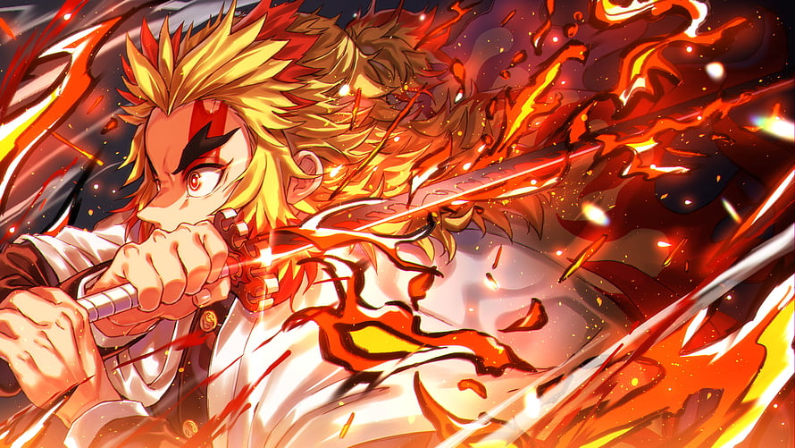 Kyojuro Rengoku Wielding Flame Katana in Intense Demon Slayer Anime Battle HD wallpaper