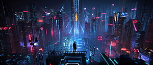 Cyberpunk 2077 Night City skyline with lone figure overlooking neon-lit futuristic metropolis at night HD wallpaper