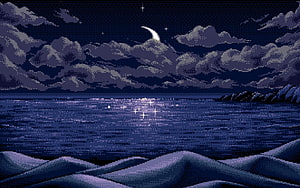 Pixel Art Night Sky with Crescent Moon, Clouds, and Moonlit Water Reflection HD wallpaper