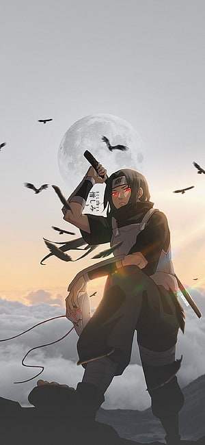 Itachi Uchiha with Sharingan and Katana Under a Full Moon in Naruto Shippuden HD phone wallpaper