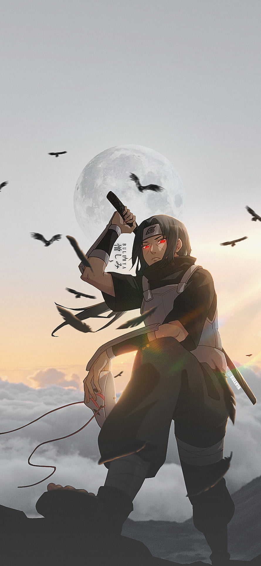 Itachi Uchiha with Sharingan and Katana Under a Full Moon in Naruto Shippuden HD phone wallpaper