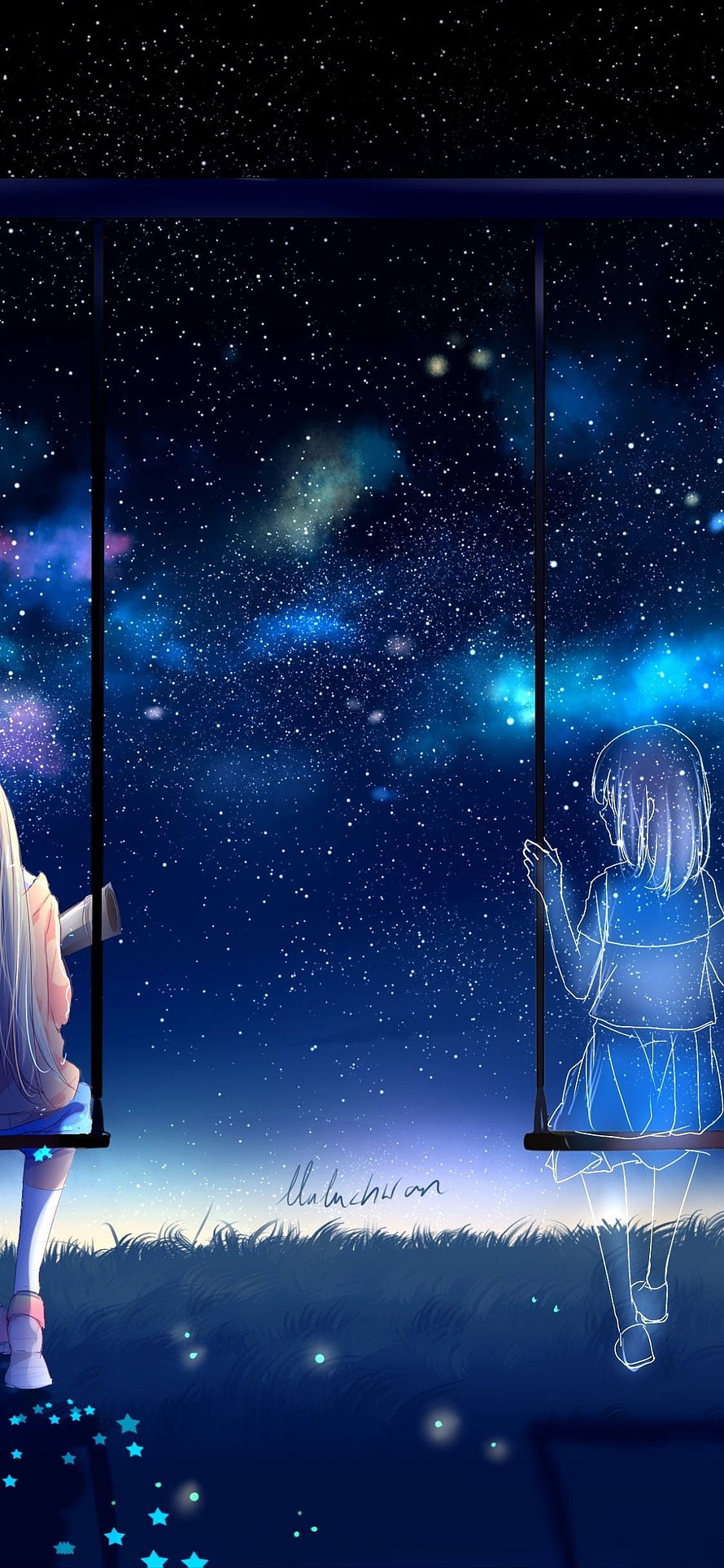Anime Girl Gazing at Starry Night Sky Through Window Frame HD phone wallpaper