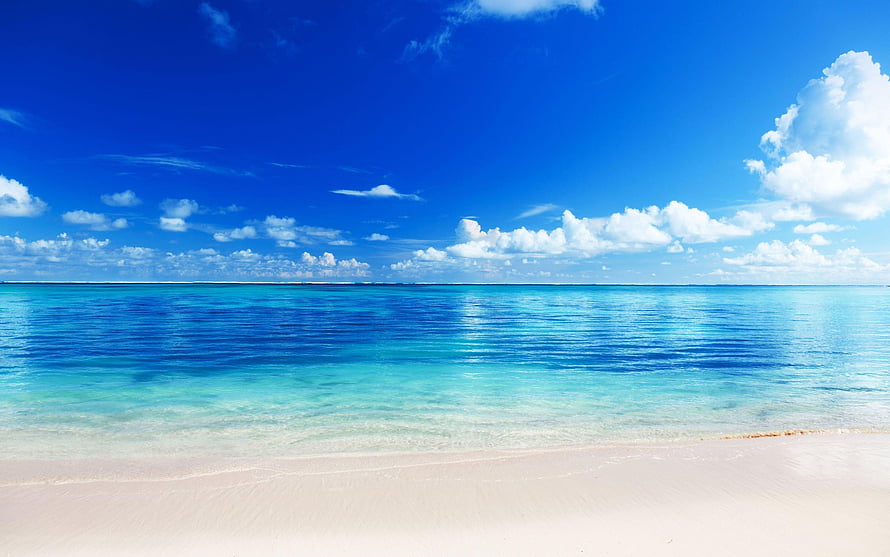 Serene Tropical Shoreline With Turquoise Water And White Sand Under A Bright Blue Sky HD wallpaper