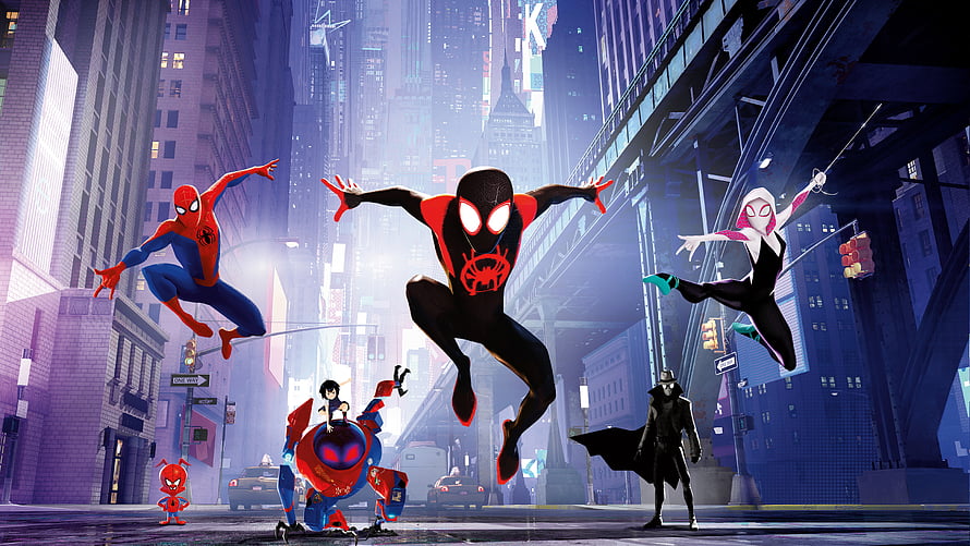 Spider-Man Into the Spider-Verse Animated Team-Up in a Neon City HD wallpaper