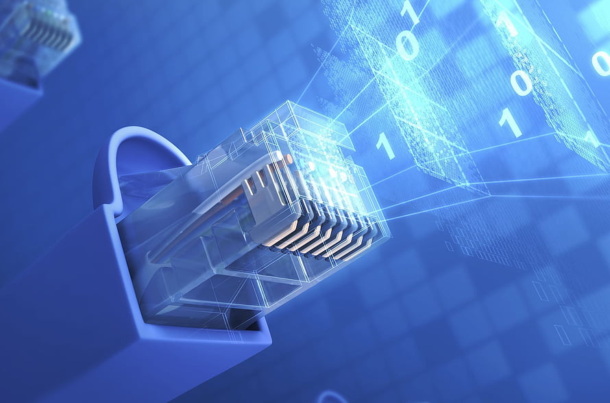 Futuristic Network Cable Connector with Holographic Binary Data Stream HD wallpaper