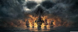 Sea of Thieves Naval Battle Amidst Burning Fleet and Stormy Dark Skies HD wallpaper