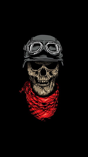 Biker Skull with Aviator Goggles and Red Bandana on Black Background HD phone wallpaper