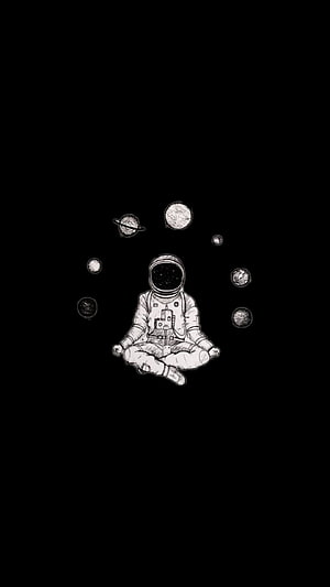 Meditating Astronaut Surrounded by Planets in Black and White Sketch HD phone wallpaper