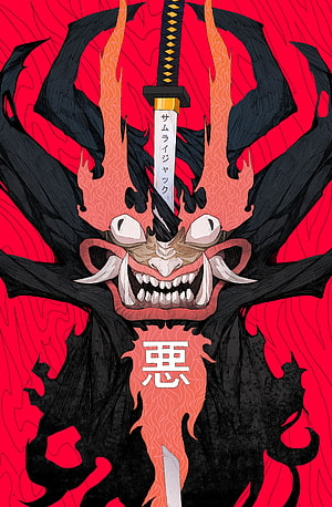 Samurai Jack Demon Mask Illustration with Katana and Red Background HD phone wallpaper
