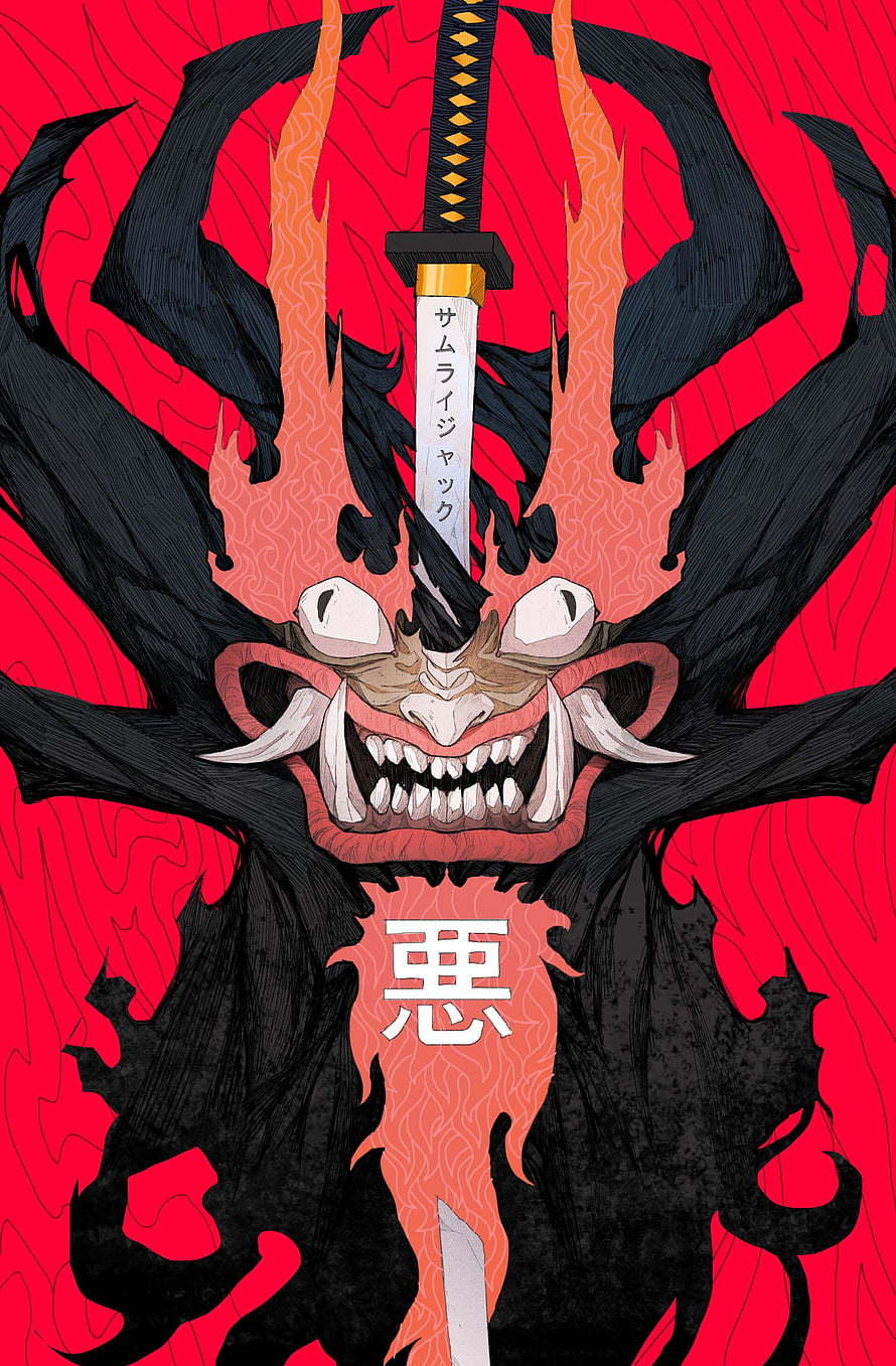 Samurai Jack Demon Mask Illustration with Katana and Red Background HD phone wallpaper