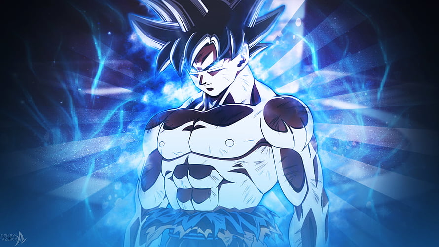 Goku Limit Breaker Anime Character with Blue Energy Aura and Spiky Hair HD wallpaper