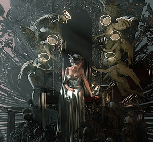 Wlop Fantasy Artwork: Ethereal Woman on Ornate Throne Surrounded by Winged Angels and Skeletons HD wallpaper