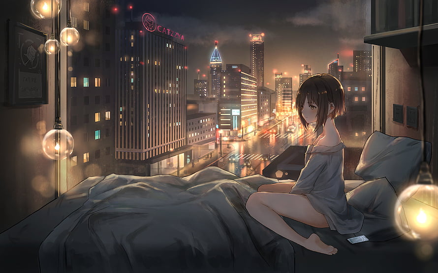 Anime Girl Gazing at Rainy City Skyline from Bed at Night HD wallpaper