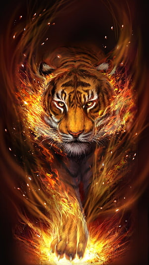 Fierce Tiger Emerging From Swirling Flames and Sparks Digital Art HD phone wallpaper