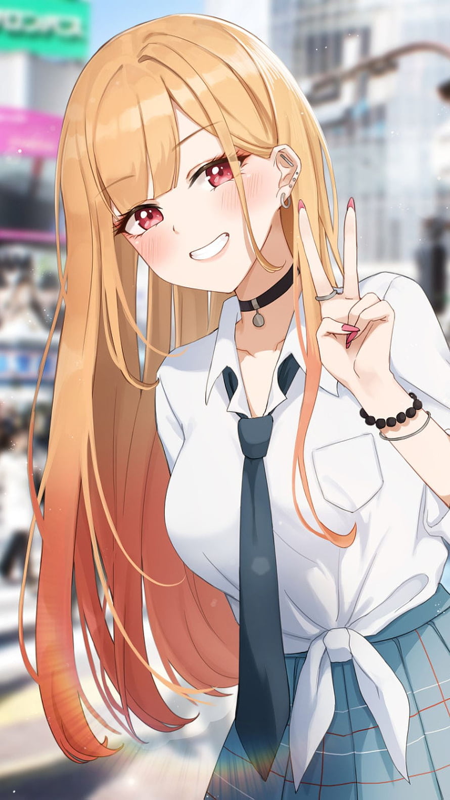 My Dress Up Darling Anime Girl in School Uniform Making Peace Sign on City Street HD phone wallpaper
