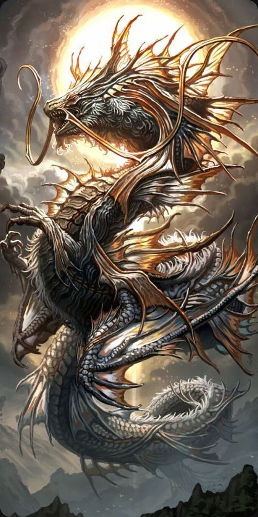 Majestic Eastern Dragon Coiling Through Stormy Skies With Golden Sun HD phone wallpaper