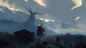 The Witcher 3: Lone Rider on Horseback Facing a Giant Dragon in a Misty Mountain Landscape HD wallpaper