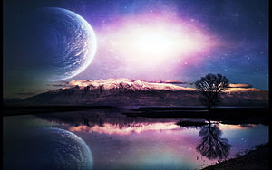 Surreal Night Sky with Giant Planet, Snowy Mountains, and Lake Reflection HD wallpaper