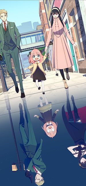 Spy x Family: Anya, Loid, and Yor Walking Through a City Street with Water Reflections HD phone wallpaper