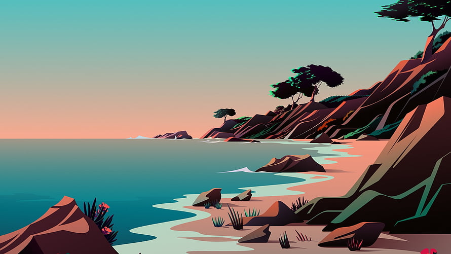 Minimalist Coastal Landscape Digital Art with Rocky Cliffs and Calm Sea HD wallpaper
