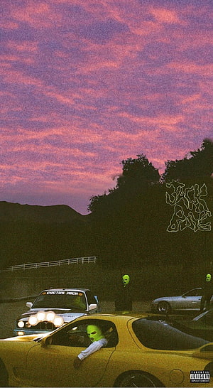 Travis Scott Cactus Jack album art with masked figures and cars at dusk HD phone wallpaper