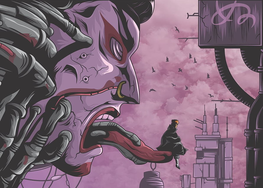 Pain from Akatsuki in Amegakure with Giant Statue and Pink Sky HD wallpaper