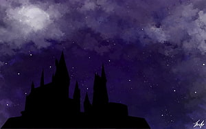 Hogwarts Castle Silhouette Under a Starry Purple Night Sky HD wallpaper