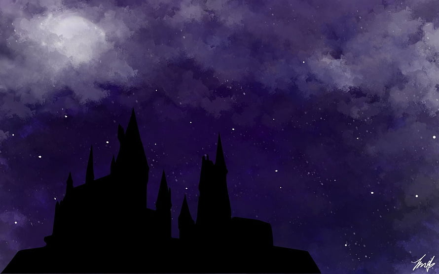 Hogwarts Castle Silhouette Under a Starry Purple Night Sky HD wallpaper