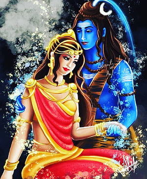 Lord Shiva and Sati in a romantic digital illustration with blue skin and golden jewelry HD phone wallpaper