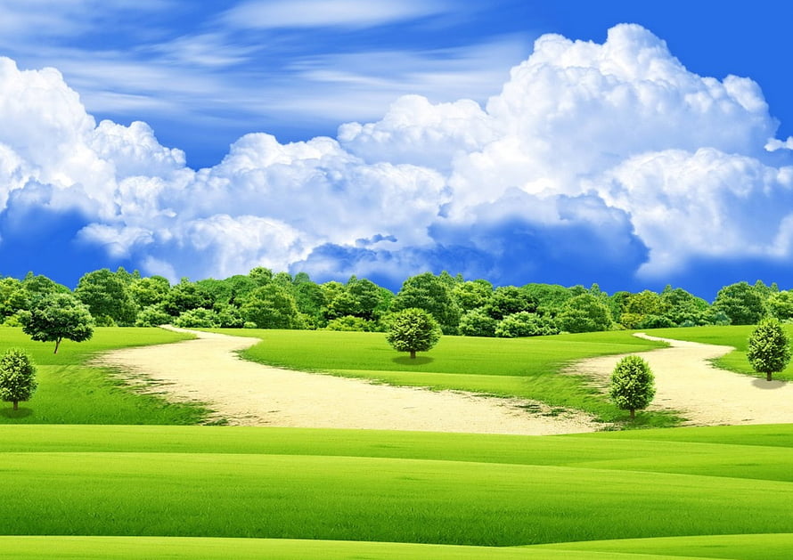 Serene Green Pasture Landscape With Winding Dirt Paths And Fluffy White Clouds HD wallpaper
