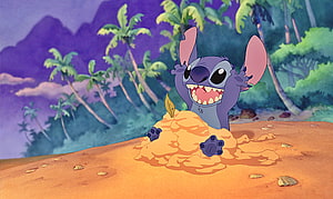 Stitch Popping Out of Sand Pile on Tropical Beach with Palm Trees and Purple Mountains HD wallpaper