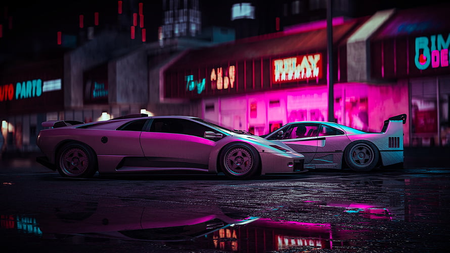Two futuristic sports cars parked on a wet street under vibrant pink and cyan neon lights in a cyberpunk city at night HD wallpaper