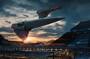 Legend of the Galactic Heroes: Massive Starships Over a Futuristic Spaceport at Sunset HD wallpaper