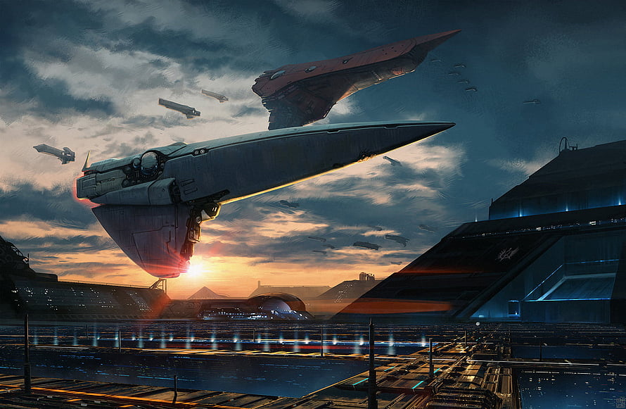 Legend of the Galactic Heroes: Massive Starships Over a Futuristic Spaceport at Sunset HD wallpaper