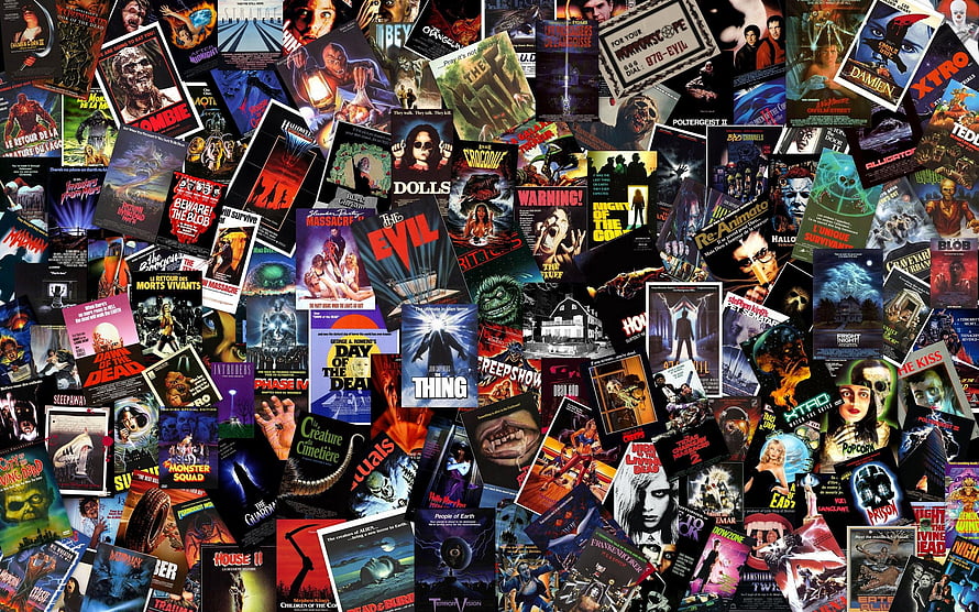 Retro 80s Horror Movie Poster Collage Featuring Classic B-Movie Artwork HD wallpaper