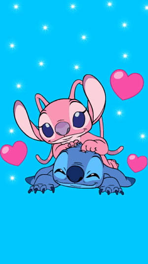 Stitch and Angel Cute Cartoon Wallpaper with Hearts and Sparkles HD phone wallpaper