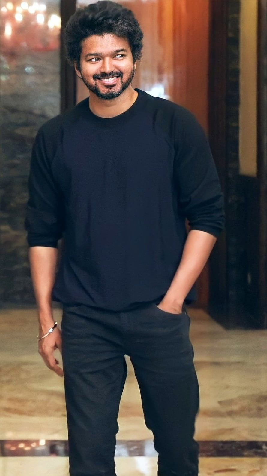 Vijay Thalapathy Smiling in Black Casual Outfit HD phone wallpaper